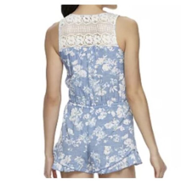 💎Joe B by Joe Benbasset Floral Ruffle Lace Boho Blue And White Romper - Picture 1 of 11